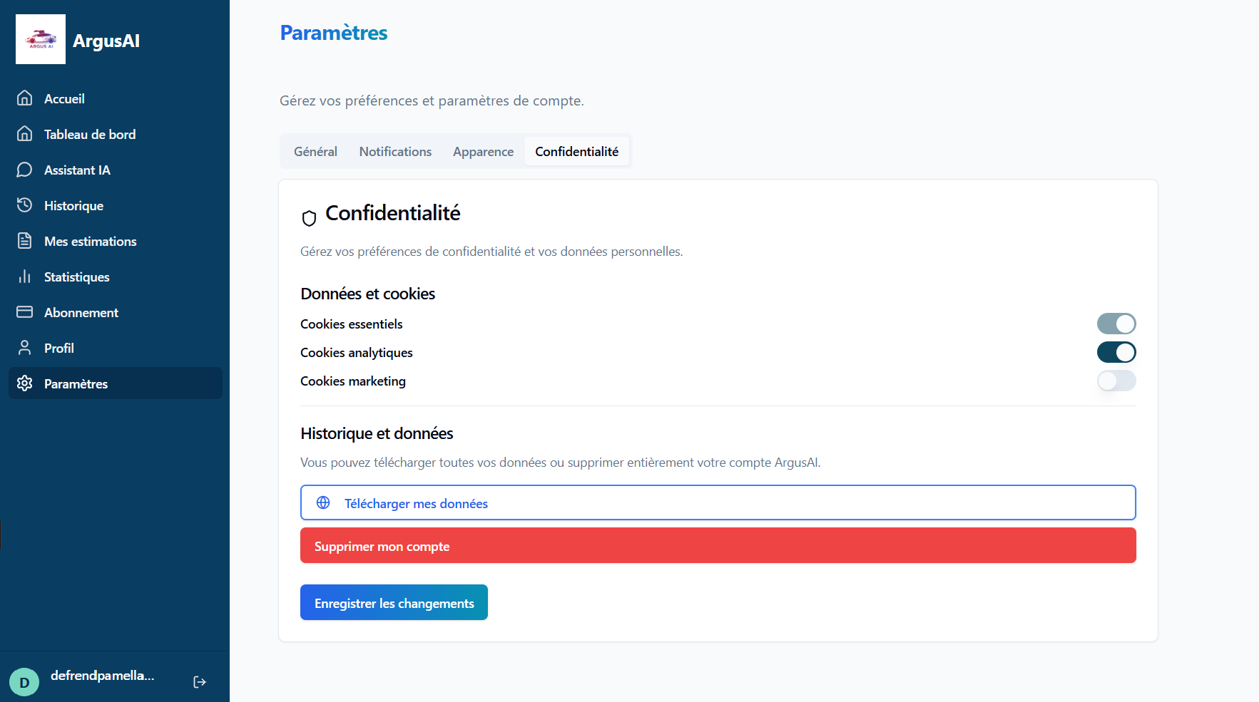 Capture d'écran Paramètres - Confidentialité